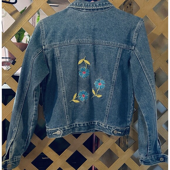 NO BOUNDARIES Embroidered Flowers Blue Denim Jacket Y2K 90's Juniors S - Picture 6 of 9